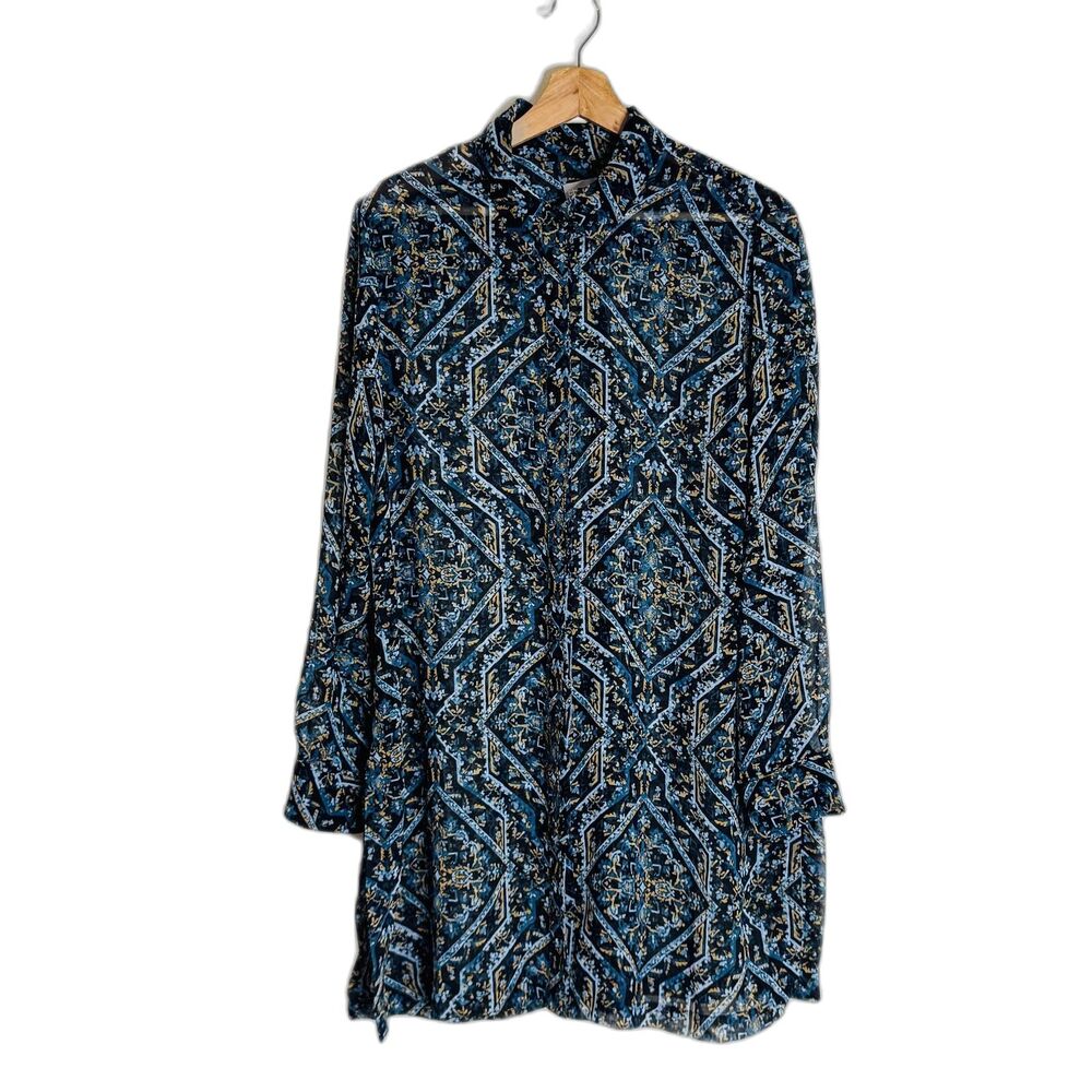 Chicos Tunic Blouse Womens 2 XL Blue Black Sheer Geometric Print Long Sleeve Top